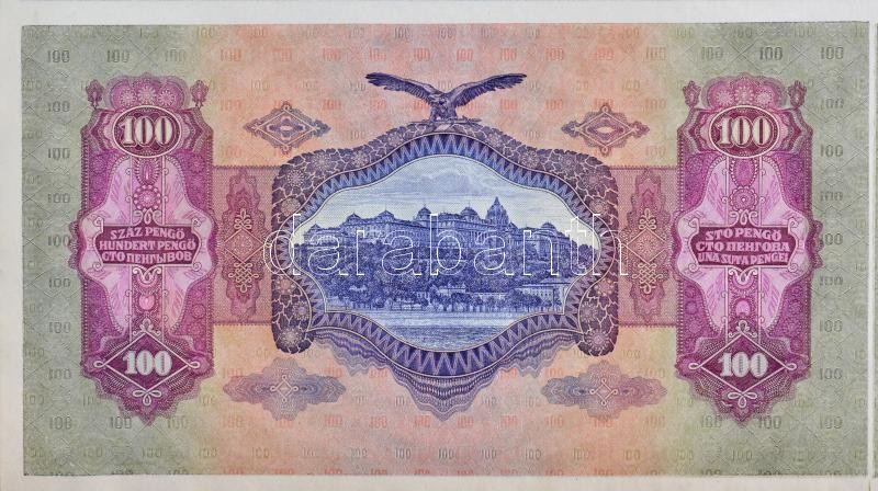 1930. 100P 8db-os vágatlan MINTA ÍV, '1943. III. 17.' dátummal, 'PARAFA' kísérleti nyomat jelzéssel , látható illesztőkerettel. A bankjegyek mind '007506' sorszámmal, de sorszámkövető sorozatszámokkal 'E 647 - E 654' T:I- kissé - Image 4