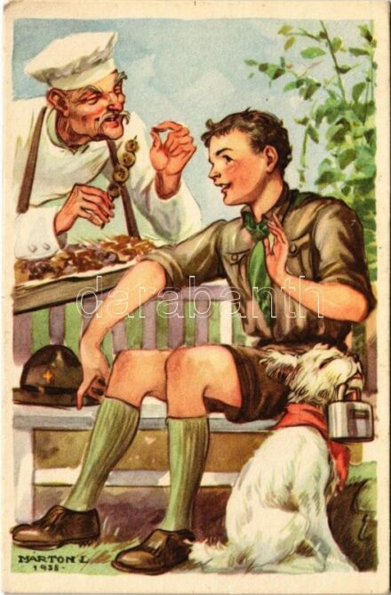 A cserkész takarékos. Cserkész levelezőlapok kiadóhivatala / Hungarian boy scout art postcard s: Márton L. + '1940 Székelyudvarhely visszatért' So. Stpl.