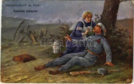 1917 Samaritendienst im Felde / Ápolónői szolgálat / WWI Austro-Hungarian K.u.K. military art postcard, Red Cross nurse with injured soldier. B.K.W.I. 930-6. (EK)
