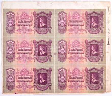 1930. 100P 6db-os vágatlan MINTA ÍV, teljes hátlapi és előlapi nyomattal, látható illesztőkerettel. A bankjegyek mind ezres helyiértéken növekvő sorszámmal '090732; 091732;...;095732' sorszámmal, 'E 015' sorozatszámmal. Az ív
