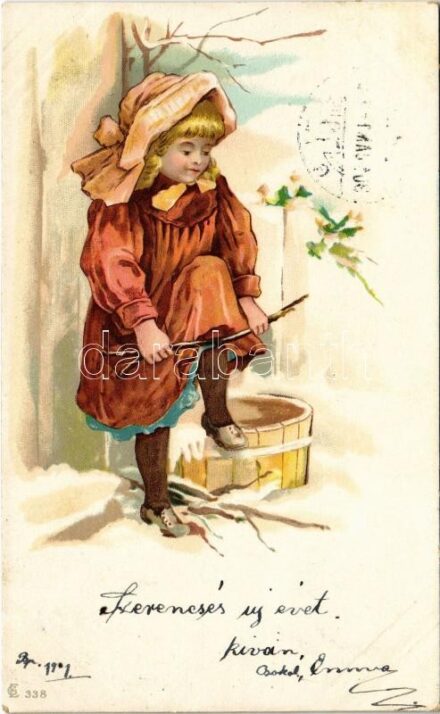 1901 Children art postcard, girl in winter. litho