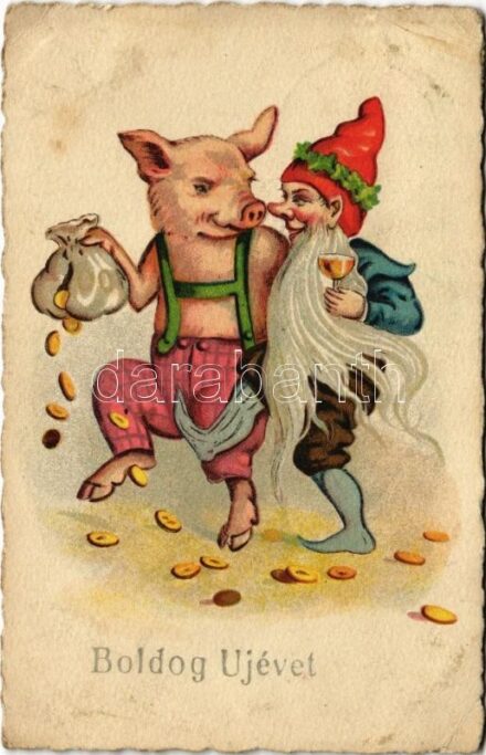 1929 Boldog Újévet! / New Year greeting art postcard, dwarf dancing with pig (EK)