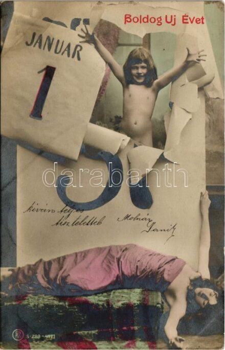 1904 Boldog Újévet! / New Year greeting art postcard, lady with hangover