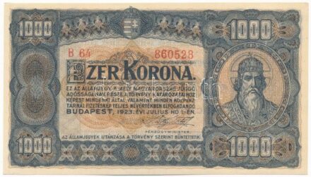 1923. 1000K nyomdahely jelölés nélkül 'B64 860528' T:I- / Hungary 1923. 1000 Korona 'B64 860528' C:AU Adamo K37