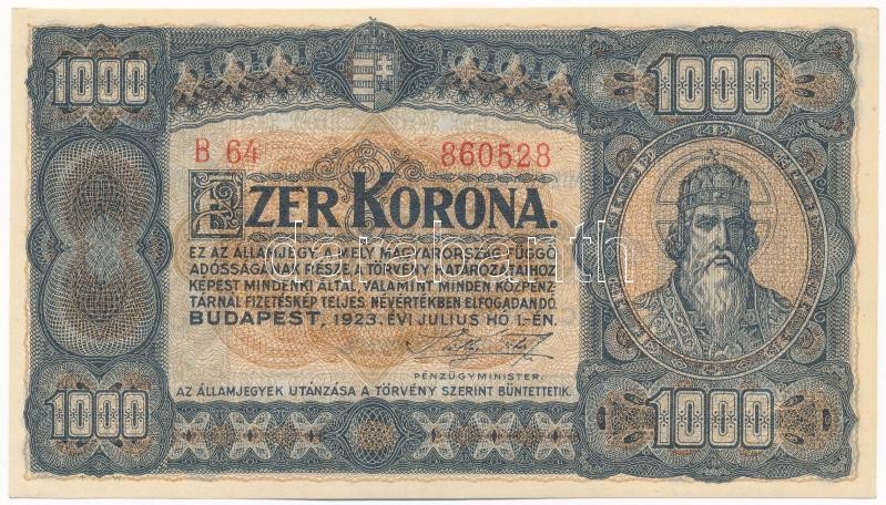 1923. 1000K nyomdahely jelölés nélkül 'B64 860528' T:I- / Hungary 1923. 1000 Korona 'B64 860528' C:AU Adamo K37