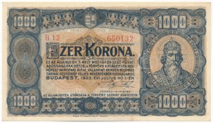 1923. 1000K 'Magyar Pénzjegynyomda R.t. Budapest' nyomdahely jelöléssel 'B12 650132' T:II,II- / Hungary 1923. 1000 Korona with 'Magyar Pénzjegynyomda R.t. Budapest' printer's mark 'B12 650132' C:XF,VF Adamo K37