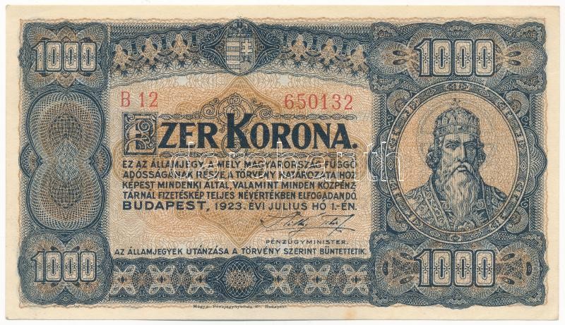 1923. 1000K 'Magyar Pénzjegynyomda R.t. Budapest' nyomdahely jelöléssel 'B12 650132' T:II,II- / Hungary 1923. 1000 Korona with 'Magyar Pénzjegynyomda R.t. Budapest' printer's mark 'B12 650132' C:XF,VF Adamo K37