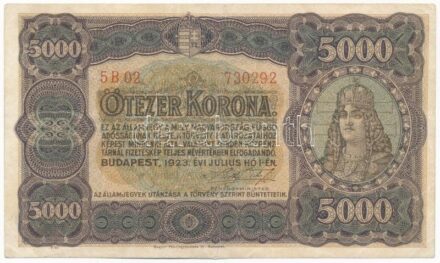 1923. 5000K 'Magyar Pénzjegynyomda Rt. Budapest' jelöléssel, '5B02 730292' T:III apró restaurálás / Hungary 1923. 5000 Korona 'Magyar Pénzjegynyomda Rt. Budapest' printer's mark '5B02 730292' C:F tiny restoration Adamo K39