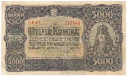 1923. 5000K nyomdahely jelölés nélkül, '5B17 219546' T:III restaurált / Hungary 1923. 5000 Korona '5B17 219546' C:F restored Adamo K39