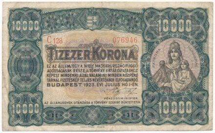 1923. 10.000K 'Orell Füssli Zürich' piros sorozat-és sorszám 'C128 076946' T:III,III- / Hungary 1923. 10.000 Korona 'Orell Füssli Zürich' red serial number 'C128 076946' C:F,VG Adamo K42