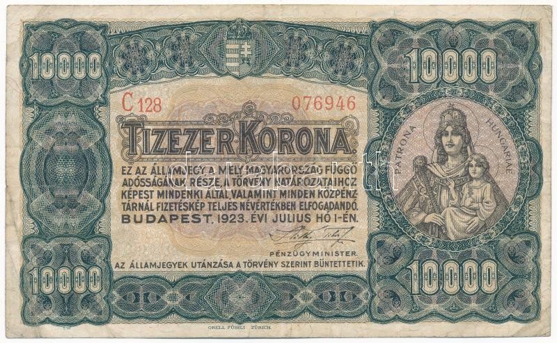 1923. 10.000K 'Orell Füssli Zürich' piros sorozat-és sorszám 'C128 076946' T:III,III- / Hungary 1923. 10.000 Korona 'Orell Füssli Zürich' red serial number 'C128 076946' C:F,VG Adamo K42