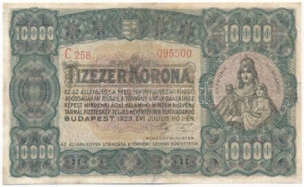 1923. 10.000K nyomdahely jelölés nélkül, 'C258 095500' T:III,III- restaurált / Hungary 1923. 10.000 Korona without printer's mark 'C258 095500' C:F,VG restored Adamo K42/2
