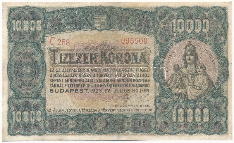 1923. 10.000K nyomdahely jelölés nélkül, 'C258 095500' T:III,III- restaurált / Hungary 1923. 10.000 Korona without printer's mark 'C258 095500' C:F,VG restored Adamo K42/2