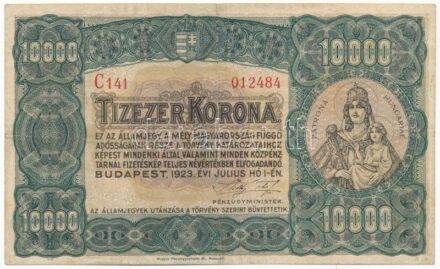 1923. 10.000K 'Magyar Pénzjegynyomda Rt.' jelöléssel, 'C141 012484' T:III / Hungary 1923. 10.000 Korona 'Magyar Pénzjegynyomda Rt.' printer's mark 'C141 012484' C:F Adamo K42/1