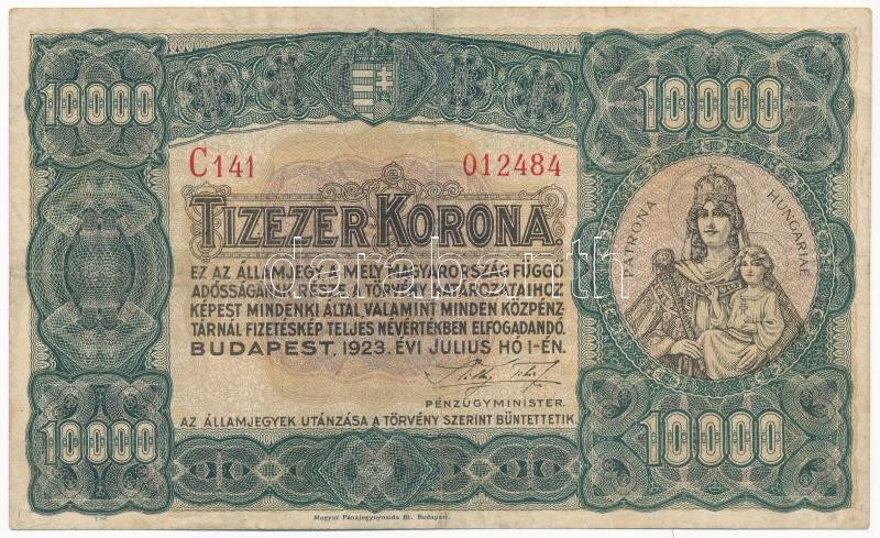 1923. 10.000K 'Magyar Pénzjegynyomda Rt.' jelöléssel, 'C141 012484' T:III / Hungary 1923. 10.000 Korona 'Magyar Pénzjegynyomda Rt.' printer's mark 'C141 012484' C:F Adamo K42/1