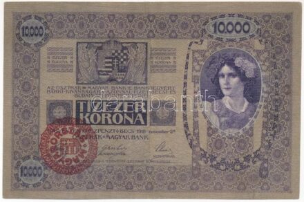 1918. 10.000K piros 'MAGYARORSZÁG' felülbélyegzéssel, '1008 65213' T:III / Hungary 1918. 10.000 Korona with red 'MAGYARORSZÁG' overprint, '1008 65213' C:F Adamo K40
