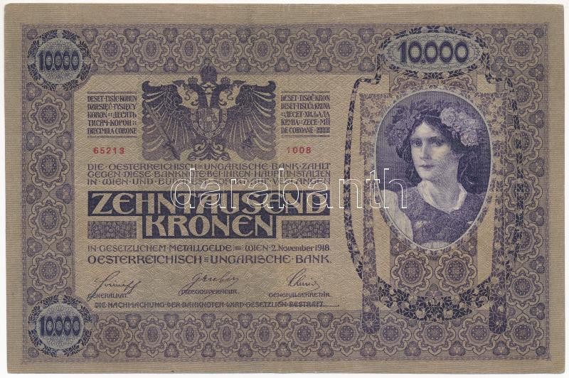 1918. 10.000K piros 'MAGYARORSZÁG' felülbélyegzéssel, '1008 65213' T:III / Hungary 1918. 10.000 Korona with red 'MAGYARORSZÁG' overprint, '1008 65213' C:F Adamo K40 - Image 2