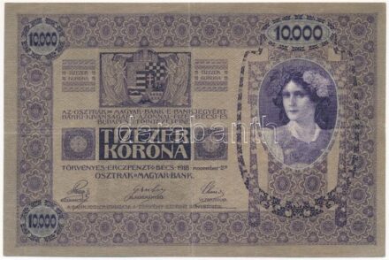 1918. 10.000K felülbélyegzés nélkül, '1001 72817' T:III / Hungary 1918. 10.000 Korona without overprint, '1001 72817' C:F Adamo K40