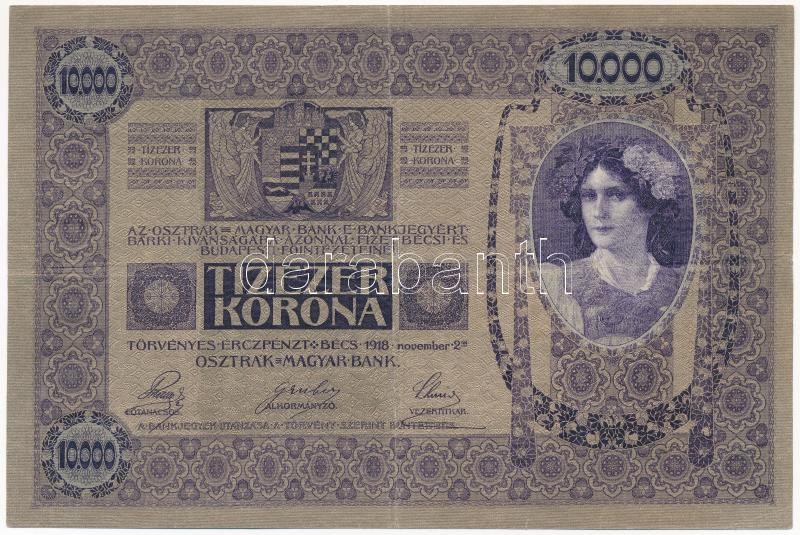 1918. 10.000K felülbélyegzés nélkül, '1001 72817' T:III / Hungary 1918. 10.000 Korona without overprint, '1001 72817' C:F Adamo K40