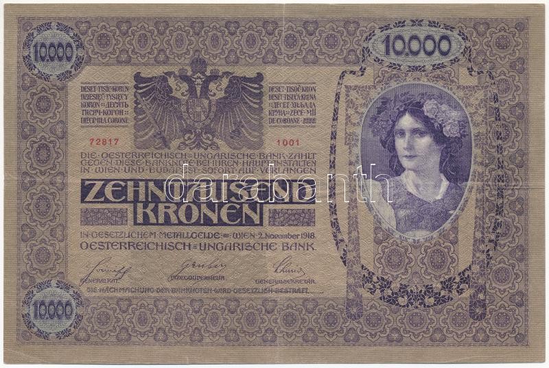 1918. 10.000K felülbélyegzés nélkül, '1001 72817' T:III / Hungary 1918. 10.000 Korona without overprint, '1001 72817' C:F Adamo K40 - Image 2