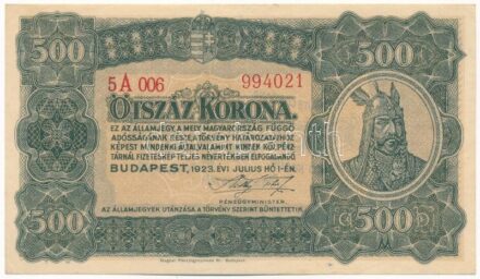 1923. 500K 'Magyar Pénzjegynyomda Rt. Budapest' nyomdahely jelöléssel, '5A 006 994021' T:I- / Hungary 1923. 500 Korona 'Magyar Pénzjegynyomda Rt. Budapest' printer's mark, '5A 006 994021' C:AU Adamo K34