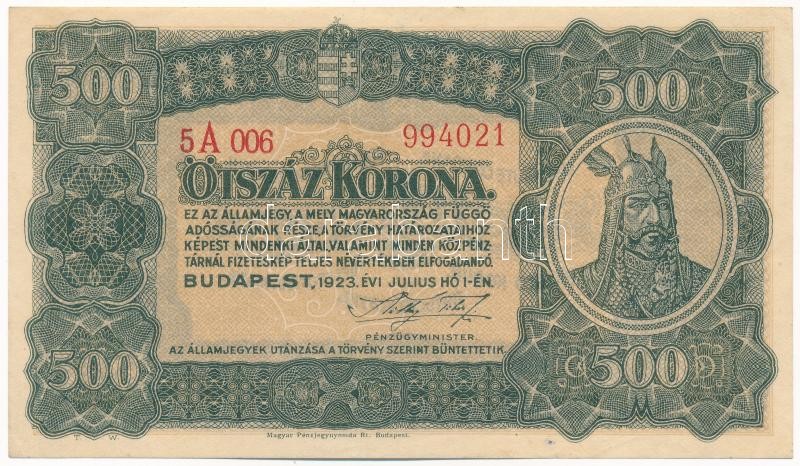 1923. 500K 'Magyar Pénzjegynyomda Rt. Budapest' nyomdahely jelöléssel, '5A 006 994021' T:I- / Hungary 1923. 500 Korona 'Magyar Pénzjegynyomda Rt. Budapest' printer's mark, '5A 006 994021' C:AU Adamo K34