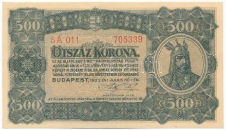 1923. 500K nyomdahely jelölés nélkül, '5A 011 705339' T:I- / Hungary 1923. 500 Korona without printer's mark, '5A 011 705339' C:AU Adamo K34