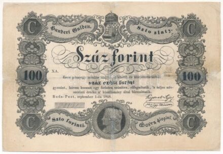 1848. 100Ft 'Kossuth bankó', 'XA 38131' T:III-,IV restaurált Hungary 1848. 100Ft 'Kossuth banknote', 'XA 38131' C:VG,G restored Adamo G114