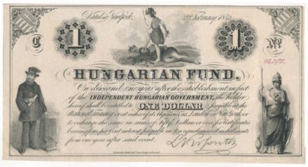 1852. 1$ 'C' 'Kossuth bankó' piros '22705' sorszámmal, nyomdai papírránccal és papírráncból eredő nyomathibával T:I- / Hungary 1852. 1 Dollar 'C' 'Hungarian Fund' with red '22705' serial number, with paper crease and printing error by