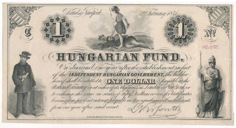 1852. 1$ 'C' 'Kossuth bankó' piros '22705' sorszámmal, nyomdai papírránccal és papírráncból eredő nyomathibával T:I- / Hungary 1852. 1 Dollar 'C' 'Hungarian Fund' with red '22705' serial number, with paper crease and printing error by