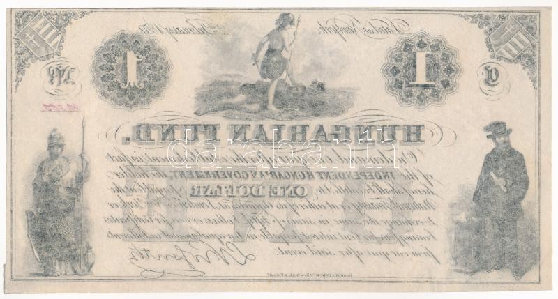 1852. 1$ 'C' 'Kossuth bankó' piros '22705' sorszámmal, nyomdai papírránccal és papírráncból eredő nyomathibával T:I- / Hungary 1852. 1 Dollar 'C' 'Hungarian Fund' with red '22705' serial number, with paper crease and printing error by - Image 2