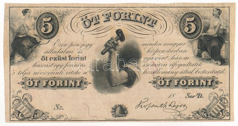 1852. 5Ft 'Kossuth bankó' kitöltetlen 'D' sorozat T:I- Hungary 1852. 5 Forint without date and serial number, prefix 'D' C:AU Adamo G124