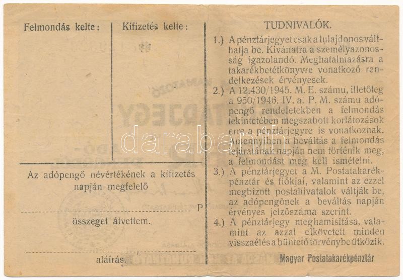 1946. 10.000AP nem kamatozó Pénztárjegy 'Másra át nem ruházható', bélyegzés nélkül T:III / Hungary 1946. 10.000 Adópengő non-interest savings certificate 'Másra át nem ruházható (Non-transferable)', without cancellation C:F Adamo - Image 2