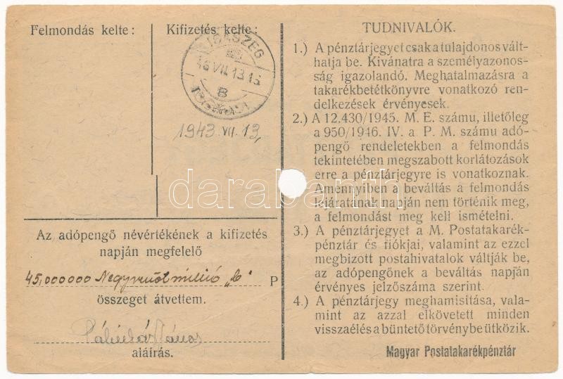 1946. 10.000AP nem kamatozó Pénztárjegy 'Másra át nem ruházható', 'KŐSZEG' bélyegzéssel, lyukasztással érvénytelenítve T:III / Hungary 1946. 10.000 Adópengő non-interest savings certificate 'Másra át nem ruházható - Image 2