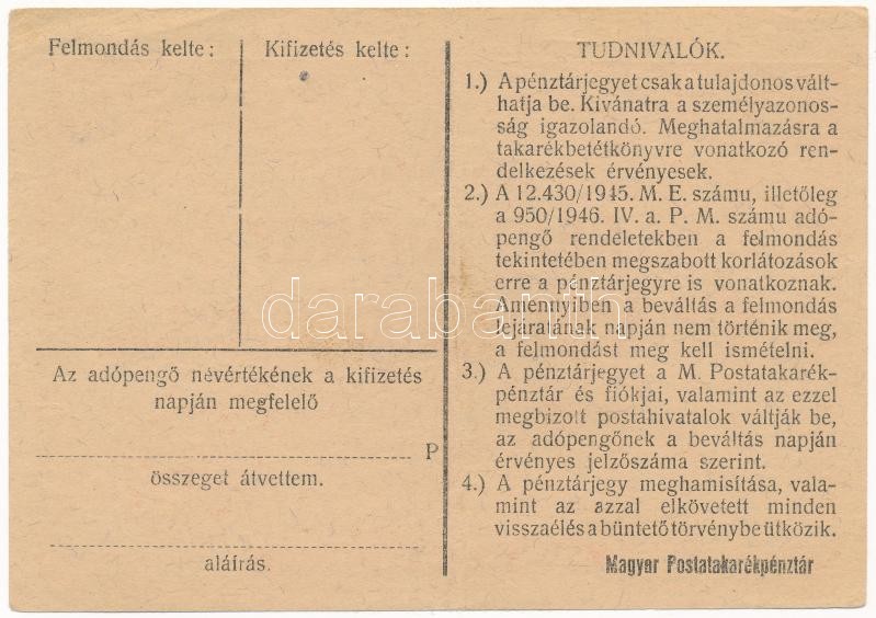 1946. 100.000AP nem kamatozó Pénztárjegy 'Másra át nem ruházható' bélyegzés nélkül T:II,II- / Hungary 1946. 100.000 Adópengő non-interest savings certificate 'Másra át nem ruházható (Non-transferable)', without cancellation - Image 2