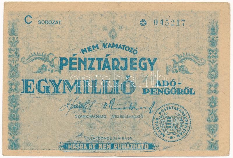 1946. 1.000.000AP nem kamatozó Pénztárjegy 'Másra Át Nem Ruházható', bélyegzés nélkül T:II- / Hungary 1946. 1.000.000 Adópengő non-interest savings certificate 'Másra át nem ruházható (Non-transferable)', without cancellation