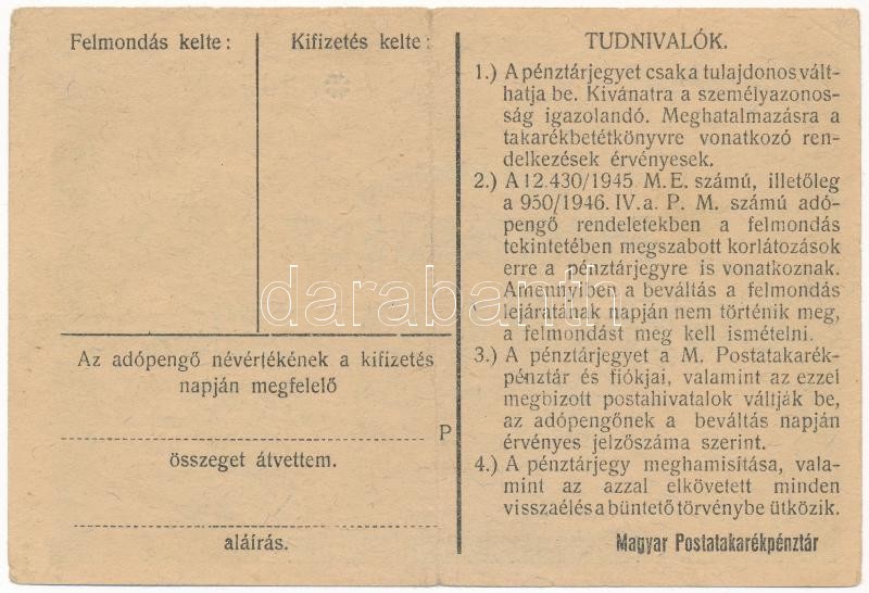 1946. 1.000.000AP nem kamatozó Pénztárjegy 'Másra Át Nem Ruházható', bélyegzés nélkül T:II- / Hungary 1946. 1.000.000 Adópengő non-interest savings certificate 'Másra át nem ruházható (Non-transferable)', without cancellation - Image 2