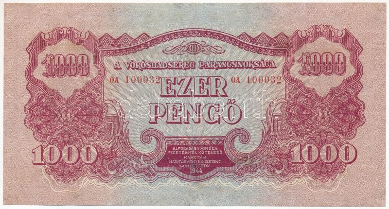 1944. 1000P 'A Vöröshadsereg Parancsnoksága', 'OA 100032' T:III restaurált / Hungary 1944. 1000 Pengő 'Headquarters of the Red Army', 'OA 100032' C:F restored Adamo P48