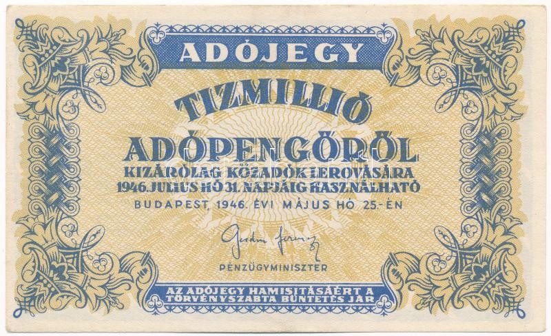 1946. 10.000.000AP T:I,I- / Hungary 1946. 10.000.000 Adópengő C:UNC,AU Adamo P54