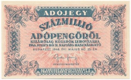 1946. 100.000.000AP T:I,I- / Hungary 1946. 100.000.000 Adópengő C:UNC,AU Adamo P55