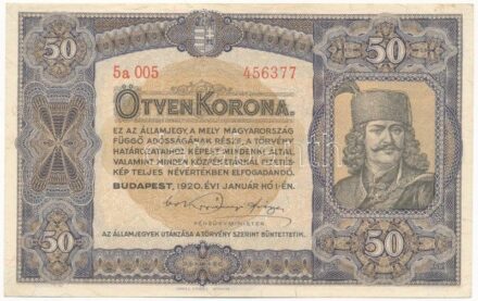 1920. 50K 'Orell Füssli Zürich', '5a 005 456377' T:I- / Hungary 1920. 50 Korona 'Orell Füssli Zürich', '5a 005 456377' C:AU Adamo K25