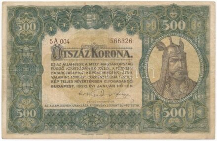 1920. 500K 'Orell Füssli Zürich', barna (eredetileg fekete?) '5A 004 566326' T:III tűnyom / Hungary 1920. 500 Korona 'Orell Füssli Zürich', with brown (originally black?) '5A 004 566326' C:F needle hole Adamo SK33+