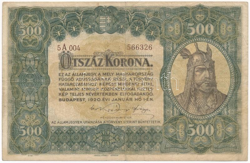 1920. 500K 'Orell Füssli Zürich', barna (eredetileg fekete?) '5A 004 566326' T:III tűnyom / Hungary 1920. 500 Korona 'Orell Füssli Zürich', with brown (originally black?) '5A 004 566326' C:F needle hole Adamo SK33+