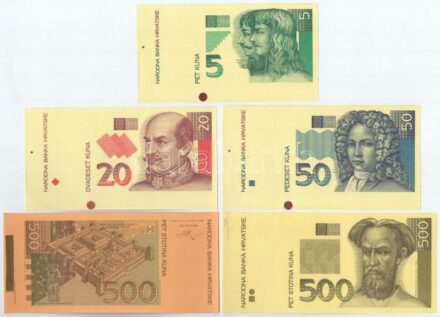 Horvátország 1993 (1994). 5K előlapi színpróba + 20K előlapi színpróba + 50K előlapi színpróba + 200K előlapi és hátlapi színpróba + 500K előlapi és hátlapi színpróba + 1000K előlapi és hátlapi színpróba. Összesen 9