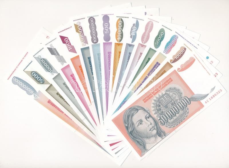 Jugoszlávia 1992. 100D + 500D + 1000D + 5000D 'ZA' pótkiadás! + 10.000D + 50.000D + 1993. 100.000D + 500.000D + 1.000.000D + 5.000.000D + 10.000.000D + 50.000.000D + 100.000.000D + 500.000.000D + 1.000.000.000D + 10.000.000.000D T:I / Yugoslavia