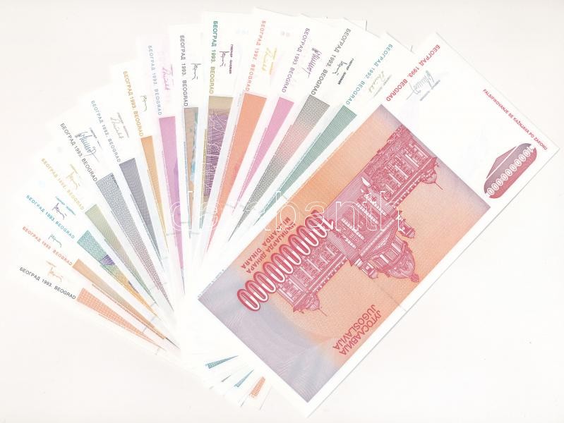 Jugoszlávia 1992. 100D + 500D + 1000D + 5000D 'ZA' pótkiadás! + 10.000D + 50.000D + 1993. 100.000D + 500.000D + 1.000.000D + 5.000.000D + 10.000.000D + 50.000.000D + 100.000.000D + 500.000.000D + 1.000.000.000D + 10.000.000.000D T:I / Yugoslavia - Image 2