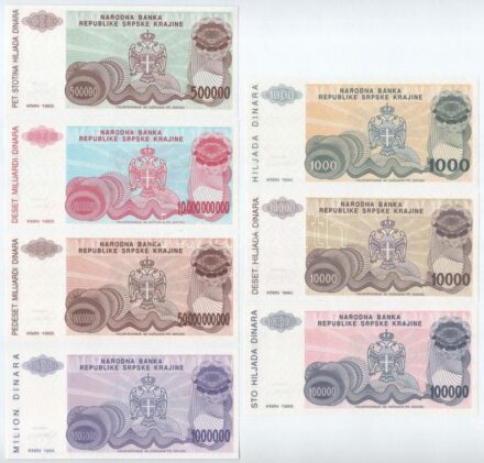 Horvátország / Krajna Szerb Köztársaság 1993. 100.000D + 500.000D + 10.000.000.000D + 50.000.000.000D + 1994. 1000D + 10.000D + 1.000.000D mind sorszám nélkül! T:I / Croatia / Republic of Serbian Krajina 1993. 100.000 Dinara + 500.000