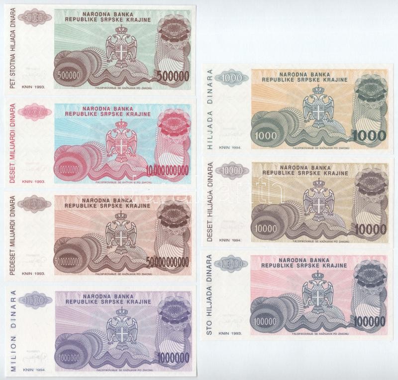 Horvátország / Krajna Szerb Köztársaság 1993. 100.000D + 500.000D + 10.000.000.000D + 50.000.000.000D + 1994. 1000D + 10.000D + 1.000.000D mind sorszám nélkül! T:I / Croatia / Republic of Serbian Krajina 1993. 100.000 Dinara + 500.000