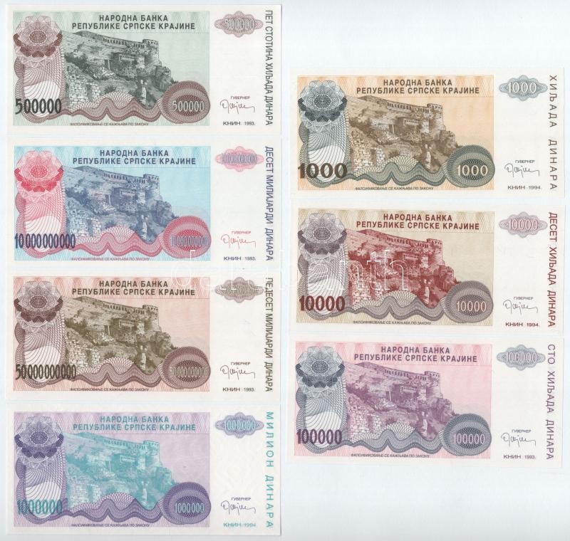 Horvátország / Krajna Szerb Köztársaság 1993. 100.000D + 500.000D + 10.000.000.000D + 50.000.000.000D + 1994. 1000D + 10.000D + 1.000.000D mind sorszám nélkül! T:I / Croatia / Republic of Serbian Krajina 1993. 100.000 Dinara + 500.000 - Image 2