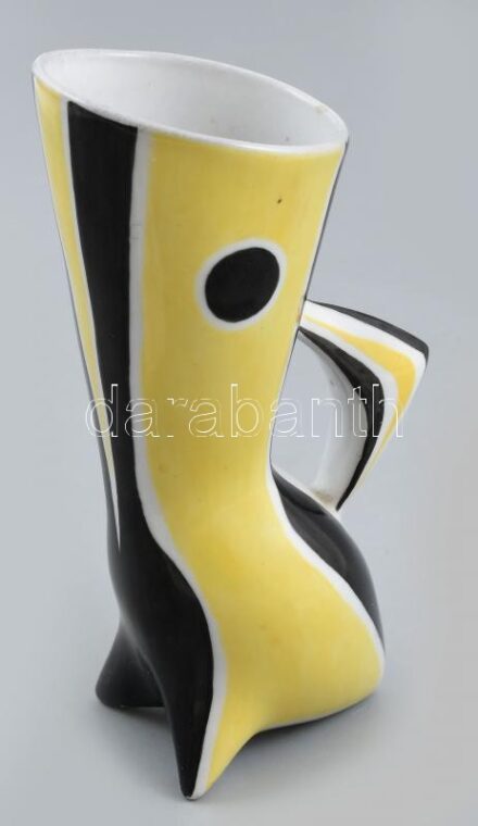 Zsolnay porcelán modern ,,darázs' váza, tervező: Török János, kézzel festett, jelzett, kopott, mázhibákkal, m: 15 cm
